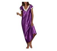Long Nightdresses For Women Uk Satin Nighties Luxury Sexy V-Neck Nightgown Ladies Elegant Short Sleeve Nightwear Casual Soft Maxi Dress Sleepwear Plus Size Pajamas Loungewear Homewear