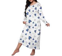 Long Nightgowns for Women Long Sleeve, Womens Long Sleeve Nightdress Women's Plus Heart Print Long Sleeve Round Neck Nightdress Womens Loose Fit Love Printed Shoulder Long Nightgowns Light Blue