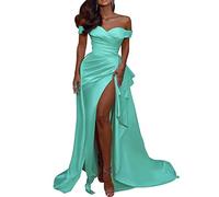 Long Off Shoulder Mermaid Prom Dresses V-Neck Side Slit Satin Ball Gown with Train for Women Mint