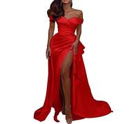 Long Off Shoulder Mermaid Prom Dresses V-Neck Side Slit Satin Ball Gown with Train for Women Red