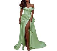 Long Off Shoulder Mermaid Prom Dresses V-Neck Side Slit Satin Ball Gown with Train for Women Sage Green