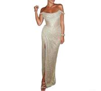 Long Off Shoulder Sleeveless Dress for Women with Sequin Detail Draped Aline Style High Waist and Side Split (M Gold)