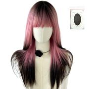 Long Ombre Pink Brown Wigs, Straight Natural Looking Hair Wigs with Bangs Resistant Fiber Wigs for Party(Black Pink Mix)