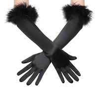 Long Opera Gloves - 1920s Bridal Fancy Dress Ladies Elegant Evening Stretch Satin Classic Black Elbow Length Gloves with Feather Cuff for Women