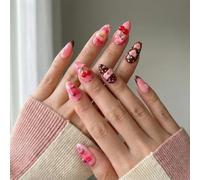 Long Oval False Nails with 3D Cherry & Floral Designs in Pink & Brown - 24PCS Press on Nails for Women, Party, Date and Daily Wear, Glossy Artificial with Bow & Polka Dots