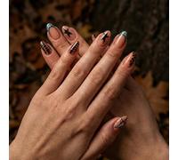 Long Oval Press On Nails Glossy Finish For Trendy Nail Art - Reusable False Kit With Nude Pink Base, Black Star, Teal Mosaic & Leopard Print Designs, Easy Application Manicure Set For Women