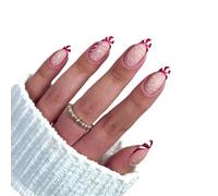Long Oval Shaped Red French Christmas Snowflake Geometry Full Coverage Wearable Fake Nail Press On Nail Art Detachable Manicure Autumn Winter Luxury Decoration 24Pcs/Set