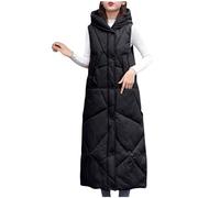 Long Padded Gilet Women Hooded Maxi Puffer Jacket Sleeveless Down Coats with Pocket Ladies Winter Full Zip Quilted Jackets Vest Outdoor Winter Warm Waistcoats Plain Bodywarmer Work Sportswear