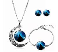 Long Pendant Necklaces For Women,Colorful Beautiful Wolf Animal,Rotating Moon Stud Earring Suit European And American Necklace Jewelry Crystal Pendant Sweater Chain Fashion Gift