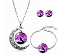 Long Pendant Necklaces For Women,Purple Colorful Wolf Animal,Rotating Moon Stud Earring Suit European And American Necklace Jewelry Crystal Pendant Sweater Chain Fashion Gift