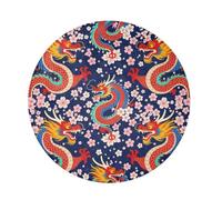 Long Pile Round living room rugs Red Dragons with Cherry Blossoms