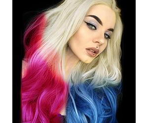Long Pink Blue Lace Front Wigs for Women Long Wavy Blonde Ombre Synthertic Lace Front Wig Pre Plucked Natural Hairline Half Pink Blue Colorful Wig Glueless Heat Resistant Fiber Hair Cosplay 26Inch