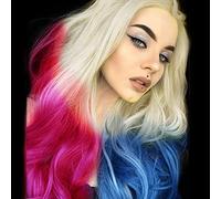Long Pink Blue Wigs for Women Curly Wavy Blonde Ombre Lace Front Wig Soft Realistic Natural Hairline Half Pink Blue Colorful Wig Glueless Synthetic Heat Resistant Fiber Hair Cosplay Party 22 Inches