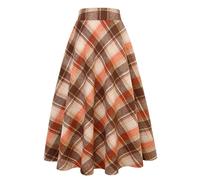 Long Plaid Wool Skirt for Womens Winter Fall Warm High Elastic Waist A line Flared Pleated Wool Tartan Skirts, Orange Brown, L