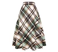 Long Plaid Wool Skirt for Womens Winter Fall Warm High Elastic Waist A line Flared Pleated Wool Tartan Skirts, Green 02, M