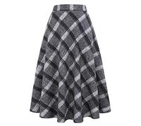 Long Plaid Wool Skirt for Womens Winter Fall Warm High Elastic Waist A line Flared Pleated Wool Tartan Skirts, Grey, M