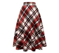 Long Plaid Wool Skirt for Womens Winter Fall Warm High Elastic Waist A line Flared Pleated Wool Tartan Skirts, Wine Red, XL