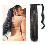 Long Ponytail Extension with Tinsel, Natural Clip in Ponytail Synthetic Hairpieces Pony Extension for Women Girls (1b black, 22inch straight)