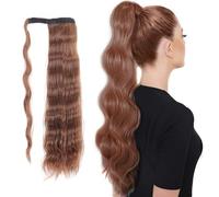 Long Ponytail Hair Extension Curly Wavy Wrap Around One Piece Pony Tail Extensions Clip in Synthetic Hairpieces Wig with Magic Paste for Women Girls Brown Blonde 24"