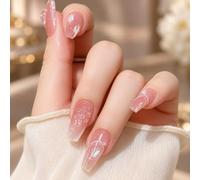 Long Press-On False Nails, Blush Pink Tapered Square, 24-Piece Set | Assorted sizes, sheer base, white curved lines, raised flowers and iridescent accents, for daily wear or social occasions