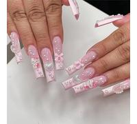 Long Press on Nails - 24 Pieces Coffin False Nails with Glue - Cute Kawaii 3D Fake Nails with Kitty Bow Patterns - Glossy Pink Stick on Nails for Women Girls in 12 Sizes