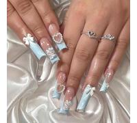 Long Press on Nails - 3d Blue Kawaii Kitty Fake Nails with Glue - 24pcs Coffin False Nails with Bow Heart Design - Removable Full Cover Stick on Nails for Women Girls in 12 Sizes