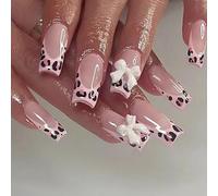 Long Press on Nails French Tip - 24Pcs Pink False Nails with Glue - Leopard Print & Bow Stick on Nails - Strong Coffin Fake Nails Long Last - Full Cover Nail Tips for DIY Nail Art