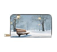 Long PU Leather Wallet with Zipper for Women Men Summer Large Capacity Clutch Purse for Cards Cash Coins Organizer - Snow Falling in The Park, White, One Size, Casual