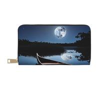 Long PU Leather Wallet with Zipper for Women Men Summer Large Capacity Clutch Purse for Cards Cash Coins Organizer - Moonlit Canoe Allagash River, White, One Size, Casual