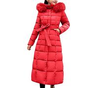 Long Puffer Coats for Women Ladies Long Coat Women's Solid Color Long Hooded Wool Collar Cotton Jacket Pocket Long Sleeve Coat Women Winter Clothes Teddy Fleece Jacket Women (Red, M)
