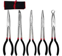 Long Reach Needle Nose Pliers, 5 Pcs 11-Inch Long Needle Nose Pliers Hose Grippers Set with Pouch, Includes Straight Angle, 25, 45, 90 Degree, O-Typed Long Reach for Narrow Spaces
