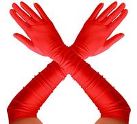 Long Red Gloves for Women, Satin Elbow Length Opera Gloves, Devil Costume | Ladies costume gloves for devil, vampire, 1950s pin-up and Christmas party looks, stretchy fabric, one size fits most adults