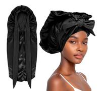 Long Satin Bonnet for Braid, Sleep Cap Silk Hair with Tie and Button, Foldable Sleep Bonnets for Women Long Hair, black, 41-57