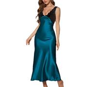Long Satin Nightgown for Women Sexy Lace V Neck Slip Dress Nightdress Backless Chemise Nightie Sleepwear Blue
