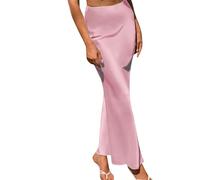 Long Satin Skirt Women's High Waist with Elasticated Waist Plain Skirt Women's Elegant Skirts Women's Midi Business A Line Skirt Women's Satin Skirt Mermaid Skirt Retro Cocktail, pink, L