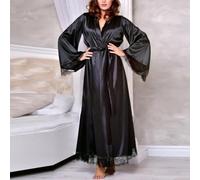 Long See-Through Nightwear Satin Kimono Robe(Black M)