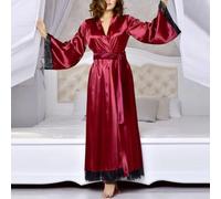 Long See-Through Nightwear Satin Kimono Robe(Wine red L)