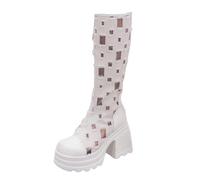 Long Shaft Boots Women's British Platform Half Height Boots Hollow Out Knee High Ankle Boots Block Heel High Boots with Zip Back Non-Slip Thick Sole Women's Boots, White, 5 UK