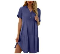 Long Shirt Dress Womens Button Down Summer Dress Short Sleeve Tunic Beach Vacation Shirt Dresses Loose V Neck Casual Comfy Cotton LinenDress Midi Solid Color Blouse Dresses for Women UK (Blue, XXXL)
