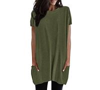 Long Short Sleeve Tunic with Pocket | Women's Plain Black Tee Shirt Large Size Shirt Linen Top Chic and Elegant Blouse Round Neck Top Casual Loose Top Elegant Tunic, Army Green, S
