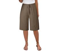 Long Shorts for Women UK Ladies Cotton Linen Knee Length Wide Leg Culottes Comfy Drawstring Yoga Bermuda Short Summer Casual Elasticated High Waist Lounge Travel Walking Shorts Capri Trousers