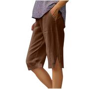 Long Shorts for Women UK Summer Cotton Linen Elasticated Waist Shorts with Pockets Wide Leg Lightweight Breathable Knee Length Pants Loose Fit Casual Comfy Holiday Beach Pants Coffee