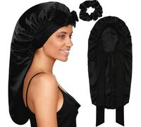 Long Silk Bonnet for Sleeping, Satin Bonnet Night Sleep Cap with Elastic Band Silk Cap with Scrunchie for Hair Sleeping for Women Girls Long, Straight, Curly Hair (Black)