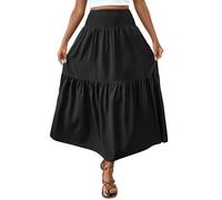 Long Skirts for Women Elastic High Waist Maxi Skirt Plain Loose Casual A Line Skirt Ladies Tiered Flowy Summer Beach Boho Skirts