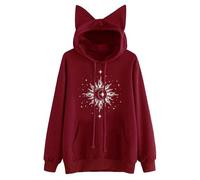 Long Sleeve Animal Hoodies with Ears Womens Pullover Sweatshirts Hooded Cat Ear Crewneck Sweatshirts for Women Cat Ear Hoodie Kitten Print Women's Fashion Hoodies & Sweatshirts Cute Wine