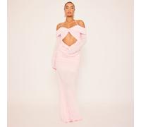 Long Sleeve Bardot Halterneck Detail Draped Maxi Dress In Pink, Women's Size UK 10
