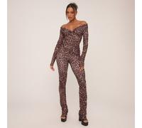 Long Sleeve Bardot Top And High Waist Skinny Flared Trousers Co-Ord Set In Brown Leopard Print, Women's Size UK 8