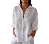 Long Sleeve Blouse for Women UK Elegant Loose Fit Shirt Cotton Linen Shirts V Neck Work Office Daily Tops Button Down Casual Tunic Top Spring Summer Blouses Plain Tee Shirt Ladies