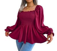 Long Sleeve Blouse Frill Trim Neck Ruffle Hem Pure Color Shirred Casual Women Top for Daily Work Dating (M) Burgundy