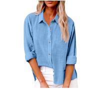 Long Sleeve Blouses for Women Button Down Cotton Linen Shirts Summer Casual Tshirt Tunic Tops V Neck Roll Up Long Sleeve Blouse Office Work Top Ladies Loose Collared Shirt Oversized Tees
